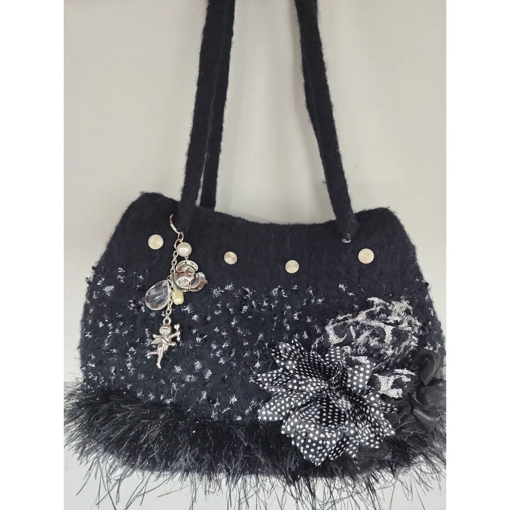 Artisan Handmade Black Felted Wool Purse Cupid  Bag Charm Dragonfly Lining Y2K